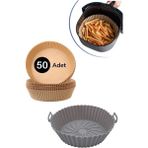 Mikasso ® Renkli Silikon Airfryer Gri Yuvarlak Pişirme Matı 20 cm ve 50 Adet Pişirme Kağıdı Plastik Beyaz