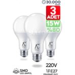 Mikasso Tasarruflu LED Ampül 3'lü Set 15W Yüksek Lümen Gücü Smd LED Beyaz Işık 6500K E27 Standart Lamba