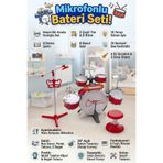 Mikrofonlu Işıklı Sesli Bateri Seti - Piyanolu Tabureli Bagetli Eğitici Çocuk Bateri Takımı Kırmızı