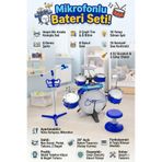 Mikrofonlu Işıklı Sesli Bateri Seti - Piyanolu Tabureli & Bagetli Eğitici Çocuk Bateri Takımı - Mavi