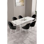 Milas Beyaz Mermer Desen 80X132 Mdf Açılabilir Yemek Masası Takımı 6 Adet Sandalye - Siyah