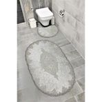 Milas Kaymaz Taban, Kadife Dantel Detaylı 2'li Süper Lüks Oval Banyo Paspası Seti, Beyaz, 60x100 cm