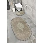 Milas Kaymaz Taban, Kadife Dantel Detaylı 2'li Süper Lüks Oval Banyo Paspası Seti, Koyu Kahverengi