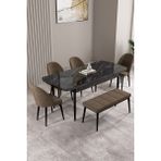 Milas Siyah Mermer Desen 80X132 Mdf Açılabilir Mutfak Masası Takımı 4 Sandalye, 1 Bench - Kahverengi