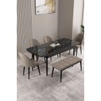 Milas Siyah Mermer Desen 80X132 Mdf Açılabilir Yemek Masası Takımı 4 Sandalye, 1 Bench - Cappucino