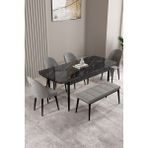 Milas Siyah Mermer Desen 80X132 Mdf Açılabilir Yemek Masası Takımı 4 Sandalye, 1 Bench - Gri