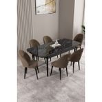 Milas Siyah Mermer Desen 80X132 Mdf Açılabilir Yemek Masası Takımı 6 Adet Sandalye - Kahverengi