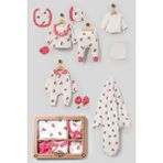 Milays Kız Bebek Hello Kitty Figürlü Müslin Kumaş Yenidoğan 10 Parça Hastane Çıkışı Zıbın Seti - Kırmızı - 0 - 3 Ay
