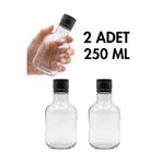 Milea 2 Adet Şeffaf Meyve Suyu, Meşrubat, Limonata, Detox, Cold Brew, Yağdanlık Şişesi Siyah Plastik Kapaklı Tıpalı Cam Şişe 250 ml