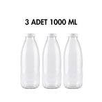 Milea 3 Adet Sızdırmaz Plastik Beyaz Kapaklı Şeffaf Cam Süt Ayran Limonata Meşrubat Şişesi 1000 Ml