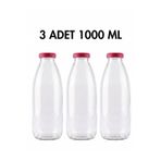 Milea 3 Adet Sızdırmaz Plastik Kırmızı Kapaklı Şeffaf Cam Süt Ayran Limonata Meşrubat Şişesi 1000 Ml
