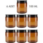 Milea 6 Adet Metal Siyah Kapaklı Amber Cam Mumluk Krem Kozmetik Oda Kokusu Dekoratif Kavanozu 100 ml - Medium Amber