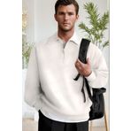 Millionaire Erkek Ekru Kırık Beyaz Yarım Fermuar Polo Yaka 3 Iplik Içi Polarlı Şardonlu Oversize Sweatshirt