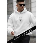 Millionaire Erkek Kırık Beyaz Alpha Wolf Kapüşonlu Oversize 3 iplik Şardonlu Salaş Bol Kesim Hoodie Sweatshirt