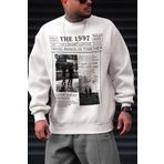 Millionaire Erkek Kırık Beyaz Krem Ekru 1997 Baskılı 0 Sıfır Yaka Oversize Salaş Bol Kesim Polar Sweatshirt