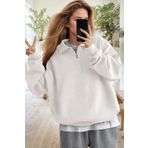 Millionaire Kadın Ekru Kırık Beyaz Yarım Fermuar Polo Yaka 3 Iplik Içi Polarlı Şardonlu Oversize Sweatshirt