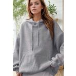 Millionaire Kadın Gri Düz Kapüşonlu Oversize 3 iplik Şardonlu Salaş Bol Kesim Hoodie Sweatshirt