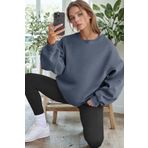 Millionaire Kadın P. Füme Basic 0 Sıfır Yaka Baskısız Düz Oversize Salaş Bol Kesim Polar Sweatshirt