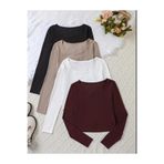 MİLYA&GYM Kadın 4'Lü Paket Pamuklu Vücudu saran fitilli kumaş KARE YAKA UZUN KOLLU crop bluz