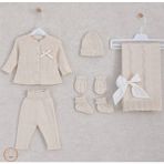 Mimbo Kids 6 Parçalı Örgü Kız Bebek Hastane Çıkışı Seti - Hırka, Pantolon, Battaniye, Bere, Eldiven ve Çorap - 0 - 3 Ay - Açık Kahve