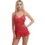 Mimmi Love Dantelli Seksi Gecelik, V Yaka, Halter Bağlamalı, Dantel Detaylı, Siyah ve Kırmızı (Kırmızı, S)