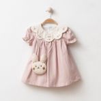 Mimo %100 Pamuk Kız Bebek Elbise I Nakışlı Yaka Tavşan Çantalı 9-24 Ay 4221 - 12 Ay - Pembe