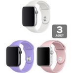 Mimtec Apple Watch 3 4 5 6 7 8 Se 38 40 41MM Kordon Kayış 3 Adet Set Bileklik Klasik Silikon - Beyaz - Pembe - Lila