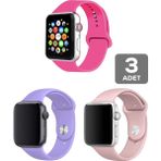 Mimtec Apple Watch 3 4 5 6 7 8 Se 42 44 45MM Kordon Kayış 3 Adet Set Bileklik Klasik Silikon - Fuşya - Lila - Pembe