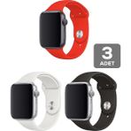 Mimtec Apple Watch 3 4 5 6 7 8 Se 42 44 45MM Kordon Kayış 3 Adet Set Bileklik Klasik Silikon - Kırmızı - Beyaz - Siyah