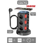 mimtec Kablosuz Telefon Şarj Standlı Priz - 3680W 12'li Çoklu Soket USB Type-C Giriş 2m Kablolu Priz