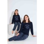 Mina Style ANNE VE KIZ TERMAL LACİVERT YILDIZLI NAKIŞLI KIŞLIK PİJAMA TAKIMI