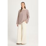 minaaise Kadın Çizgili Oversize Basic Sweatshirt Bordo Krem 30010