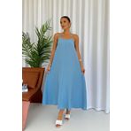 Mine Tan Butik İnce Askılı V Yaka Uzun Elbise - Bebe Mavi