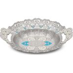Mineli Motif Oval Hurmalık, Şekerlik, Çerezlik, Lokumluk (430-M) - Mavi - Gümüş - Beyaz