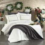Minelya Home 7 Parça Çiçek Desen Nakışlı ve Mikropetek Runnerlı Bahar Çift Kişilik Pamuklu Nevresim Takımı - 200 x 220 cm - Gri