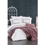 Minelya Home Collection 8 Parça Lastikli Çarşaflı, Nakışlı Ve Pikeli Luna Çift Kişilik Pamuklu Gül Kurusu Nevresim Takımı