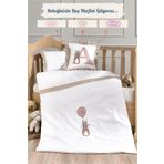 Minelya Home Collection İsme Özel Nakışlı %100 Organik Pamuk Tavşanlı Ve Keten Fırfır Detaylı Pembe Bebek Nevresim Takımı