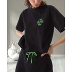 Minervaxint Kadın Oversize Bisiklet Yaka Logo Baskılı Örme Pamuklu Tişört - XS - Siyah