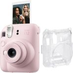 Mini 12 Pembe Fotoğraf Makinesi ve Şeffaf Kılıf Seti - Açık Bej