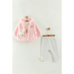 Mini Baray Kız Bebek Kapüşonlu, Pantolon ve Peluş Mont 3’lü Takım (6-9-12 Ay) - Pembe
