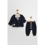 Mini Baray Zürafa Desenli 3'lü Erkek Bebek Takımı 9-12-18 Ay - Uzun Kollu Gömlek+Tişört+Müslin Şort Set - Lacivert
