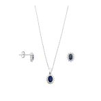 Mini Beyaz Işıltı Çevrili Safir Taşlı Oval Kadın Kolye Küpe Gümüş Set