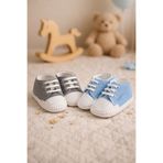 mini kanka 2 Adet Erkek Bebek Spor Patik Ayakkabı Bağcıklı Kaymaz Taban İlk Adım Bebek Ayakkabısı (Mavi & Gri)