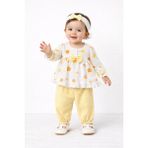 Mini Kanka Çiçek Desenli Fırfırlı Kız Bebek 3’lü Takım – Fiyonklu Bluz Pantolon ve Saç Bantlı Set - Sarı - 6 - 9 Ay