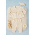 Mini Kanka Kız Bebek Fiyonklu 3’lü Takım Pamuklu Ribana Tunik Pantolon Saç Bandı Set 0-24 Ay - Beyaz - 6 - 9 Ay