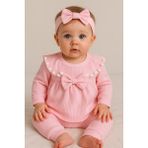 Mini Kanka Kız Bebek Fiyonklu 3’lü Takım Pamuklu Ribana Tunik Pantolon Saç Bandı Set 0-24 Ay - Pembe - 12 – 18 AY