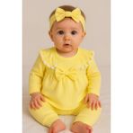 Mini Kanka Kız Bebek Fiyonklu 3’lü Takım Pamuklu Ribana Tunik Pantolon Saç Bandı Set 0-24 Ay - Sarı - 18 – 24 AY