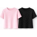 Mini Kanka Kız Çocuk 2’li Tişört Seti Pamuklu Kısa Kollu Bisiklet Yaka Ribanalı Taşlı Detaylı Şık Günlük Çocuk Giyim - Siyah-Pembe - 11 - 12 Yaş