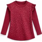 Mini Kanka Kız Çocuk Uzun Kollu Bluz – Fırfırlı, Desenli, Günlük Bluz - Bordo - 11 - 12 Yaş