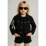 Mini Kanka Unisex Çocuk Siyah Denim Crop Ceket Nakış ve Yıpratma Detaylı Modern Tasarım - 10 - 11 Yaş